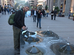 Water fountains are a welcome sight in Yerevan. Robby stops to fill up his water bottle