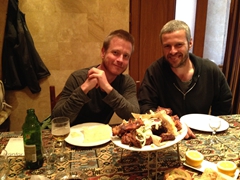 Lars and Robby about to enjoy our meal of khoravats (grilled mixed meat served with lavash bread)