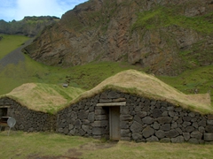 Recreated turf house, Herjólfsdalur volcanic crater on Heimaey Island