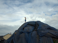 A boy plays atop a massive pile of blue fish nets; Heimaey Island