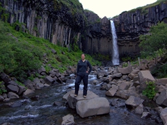 Becky strikes a pose in front of Svartifoss (Black Fall) waterfall; Skaftafell