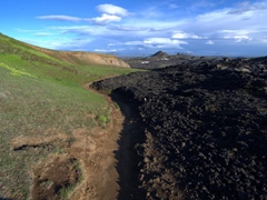 The result of a 1984 eruption. There is a clear delineation of the lava flow; Leirhnjukur Krafla lava field