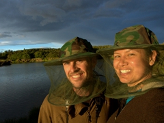 Mosquito net hats...our only protection from the relentless midges at Lake Mývatn