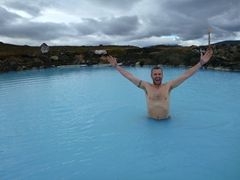 Robby is the first one in the pool at Mývatn Nature Baths