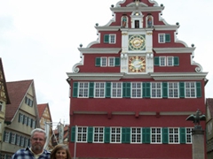 Bill and Laverne stand next to the Esslingen town hall