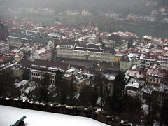 Looking over downtown Heidelberg as seen from the castle on a snowy, winter's day