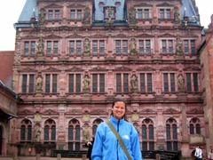 Becky stands in front of a remarkably well preserved section of the ruined Heidelberg Castle