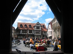 View of Michelstadt's town square, as seen from the stilts of the Town Hall