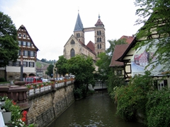 Esslingen am Neckar is one of the few old towns in Germany that survived WWII unscathed. In the background, the Protestant Parish Church of St Dionysius' two towers are connected by a bridge