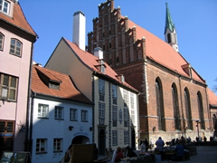 View of the Konventa Seta (Convent Court), which is a historic complex of 9 medieval buildings in the heart of Old Riga showcasing apartments for rent and small shops