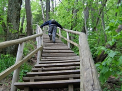 Robby climbs up some steep stairs in Sigulda